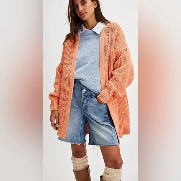 NWOT Free People Nightingale Cardigan S Peach Orange New Sweater $108 Pockets - Picture 4 of 7
